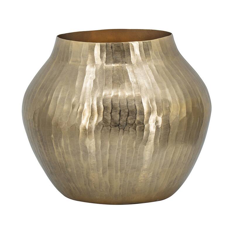 Kria 13 Inch Modern Vase, Curved Shape, Hammered Texture Gold Metal Finish