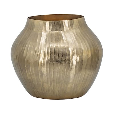 Kria 13 Inch Modern Vase, Curved Shape, Hammered Texture Gold Metal Finish