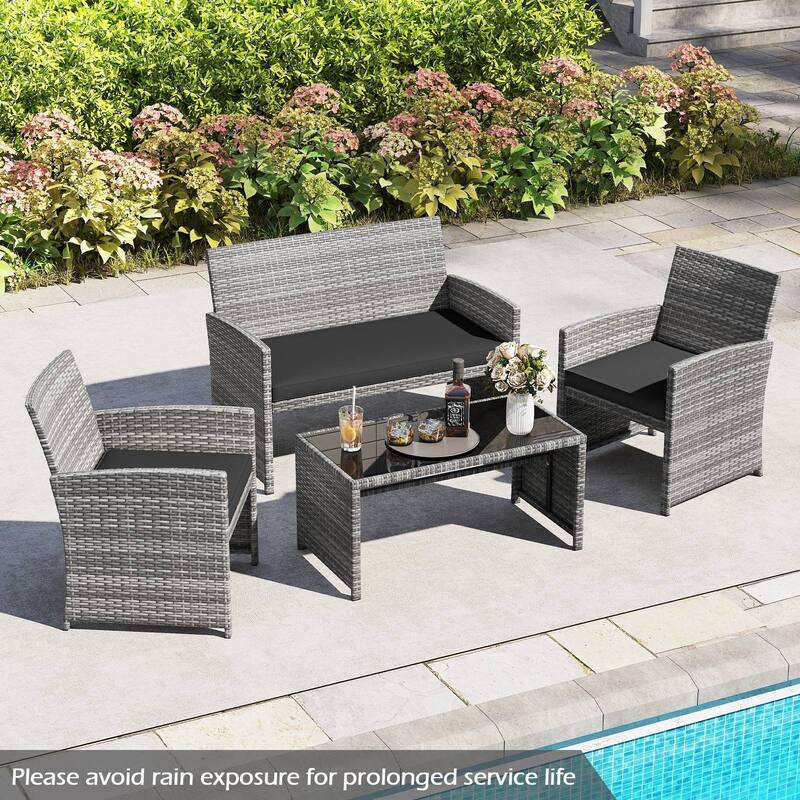 4 Piece Outdoor Patio Furniture Set Mix Gray PE Rattan Loveseat Armchairs and Tempered Glass Coffee Table with Cushions