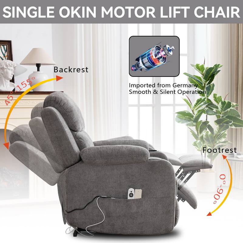 Chenille Power Lift Recliner Chair, Heavy Duty Recliner Chair with Heat & Massage, Lounge Chair with USB Ports & Cup Holders