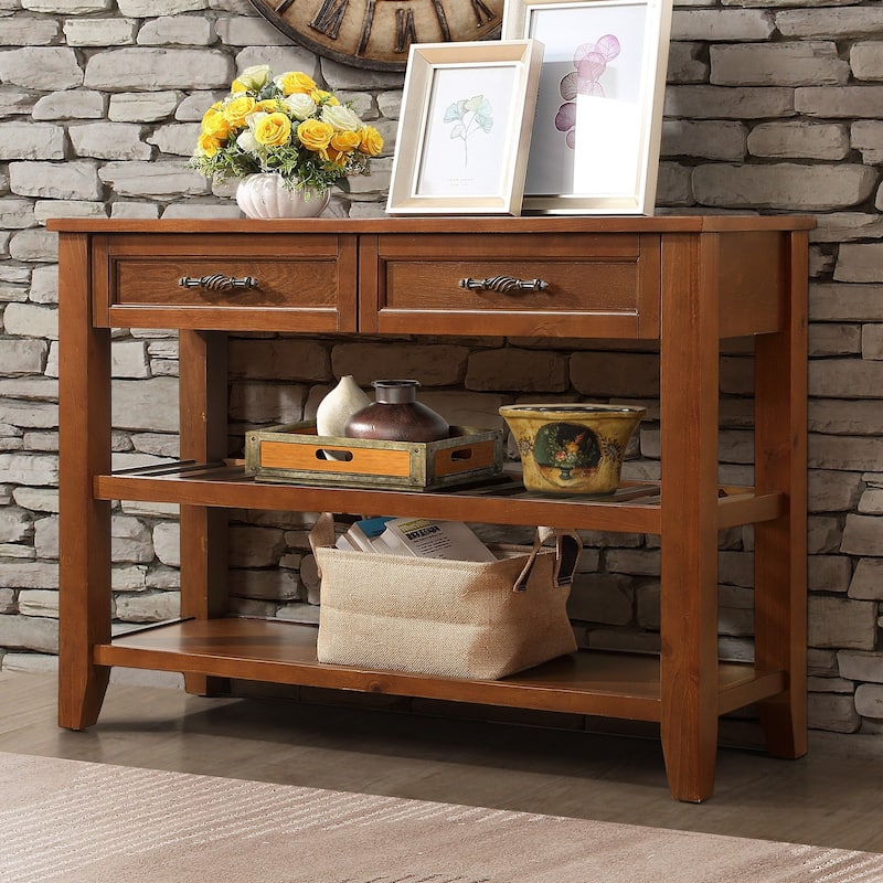 Console Sofa Table with 2 Storage Drawers and 2 Tiers Shelves, Mid-Century Style 42'' Solid Wood Buffet Sideboard - Brown