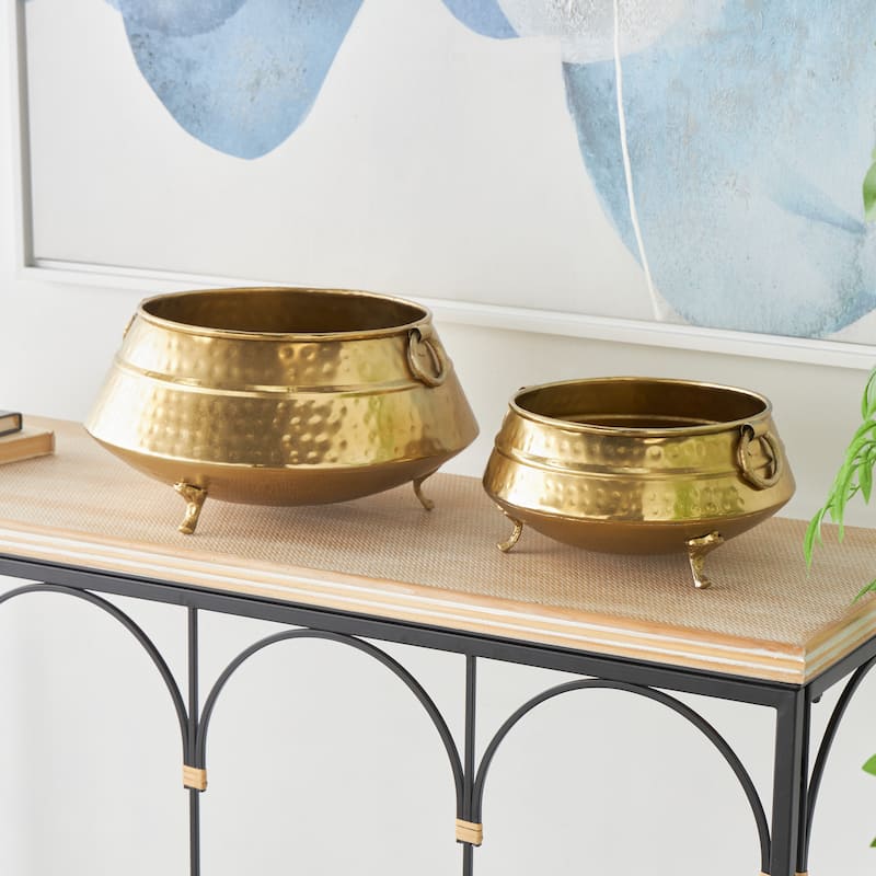 Metal Hammered Pot Planter with Scrolled Feet and Ring Handles - Set of 2 Gold - Roche River Decor - 14"W x 14"L x 7"H