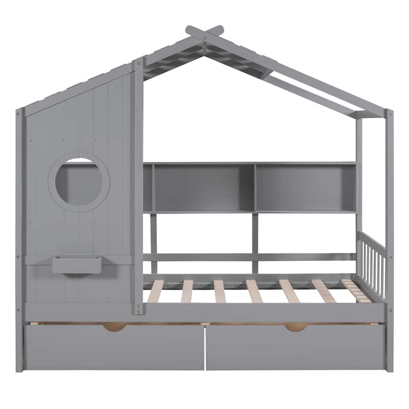 Pine House Bed with Drawers, Shelf & Roof