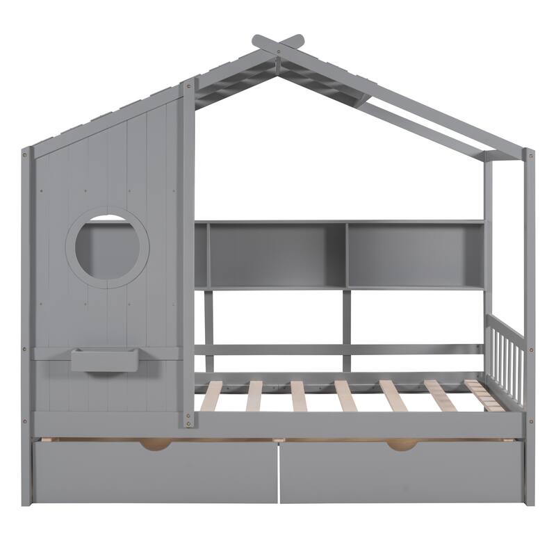 Wooden House Platform Bed with 2 Drawers and Storage Shelves, Kids Playhouse Bed Frame with Roof and Window Design