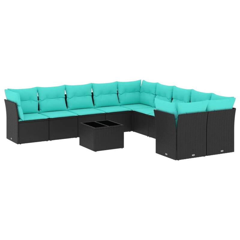 vidaXL 11 Piece Patio Sofa Set with Cushions Black Poly Rattan - 135.6x27.2x92.2