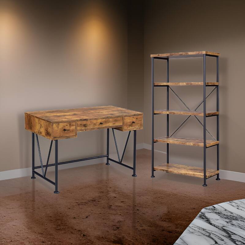 2 Piece Writing Desk with Bookshelf Unit, Rustic Brown, Black Metal Frame