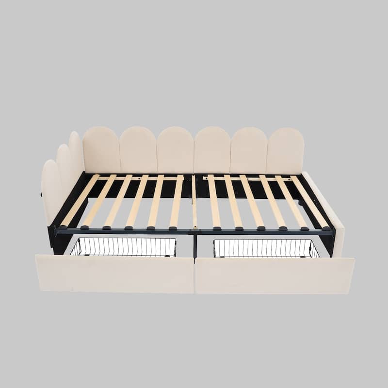 Velvet Upholstered Twin Daybed with Headboard and 2 Drawers, Space-Saving Sofa Bed - Beige - Twin