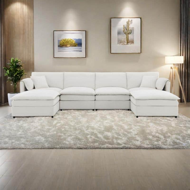 134" Chenille U-Shaped Sectional Sofa with Double Cushions, 2 Ottomans and Pocket Spring Support