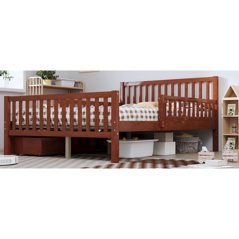 Full Size Wood Platform Bed with Guardrails on Both Sides and Two Storage Drawers, Walnut