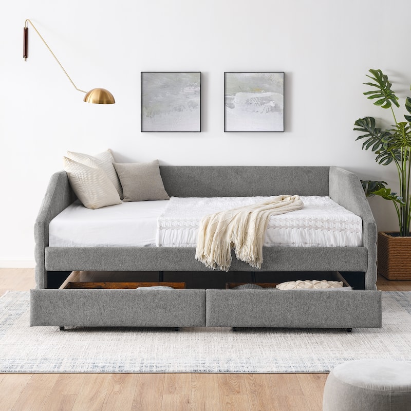 Modern Grey Tufted Upholstered Sofa Bed with Trundle Pull-out Bed