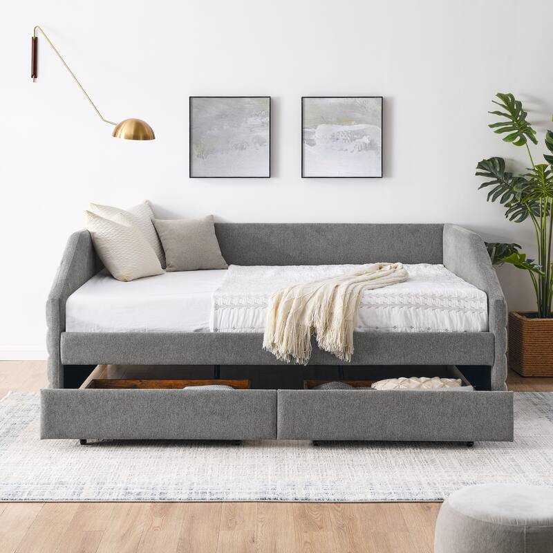 Queen Size Daybed with Two Drawers Trundle Upholstered Tufted Sofa Bed, Linen Fabric