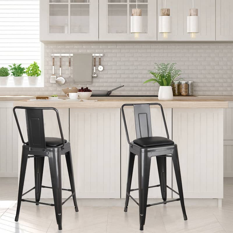 24" High Back Metal Stool with Leather Cushion-Set of 2