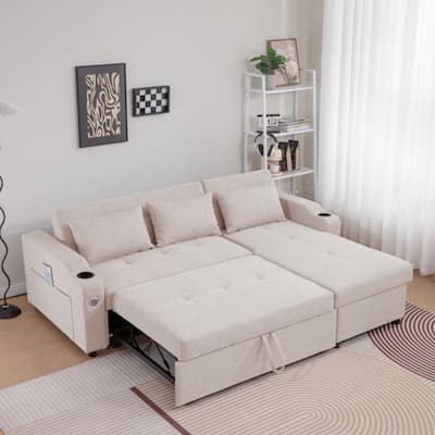 84"Adjustable Backrest Sofa Bed,3 in 1 Linen Sleeper with USB Ports & Cup Holders, Pull Out Couch Bed with Storage Chaise