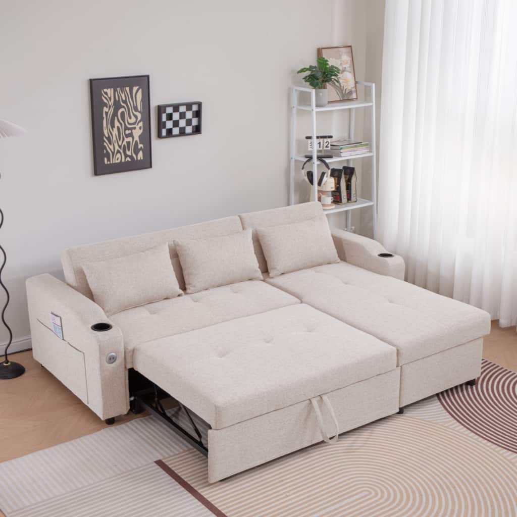 84"Adjustable Backrest Sofa Bed,3 in 1 Linen Sleeper with USB Ports & Cup Holders, Pull Out Couch Bed with Storage Chaise