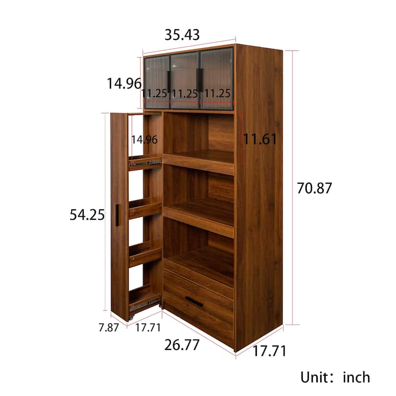 70.87" Tall Kitchen Pantry Cabinet with 4-Tier Side Shelf and 2 Drawers