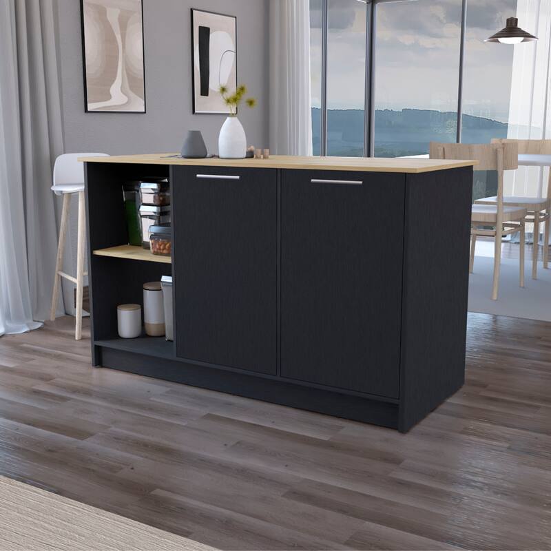 59" Kitchen Island with Large Countertop, Double-Door Cabinets, and Open Shelves, Ideal for Storage & Workspace