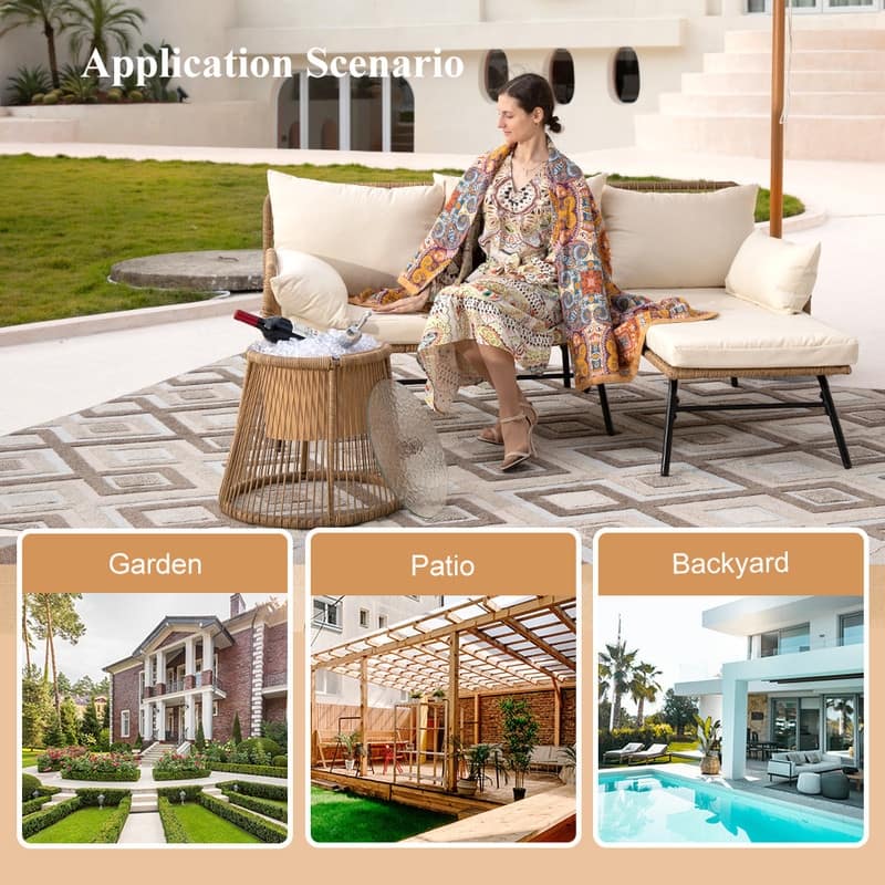 3-Piece Outdoor Boho Patio Furniture Set, L-Shaped Sectional Sofa with Ice Bucket Table, All-Weather Wicker Conversation Set