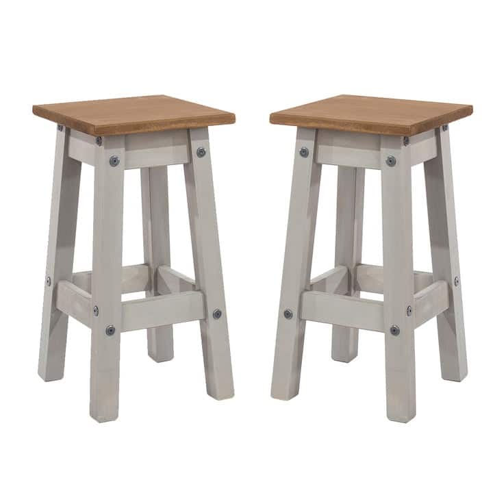 Wood Set of 2 Kitchen Stools Corona Collection | Furniture Dash - Gray wash color stain, seats in antique brown.
