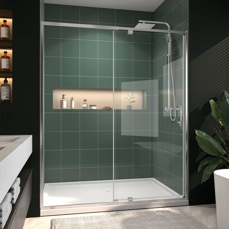 60"x71" Single Pivot Swing Shower Doors in Nickel/Black/Chrome Frameless Enclosure Tub Doors with Clear Tempered Glass - Chrome
