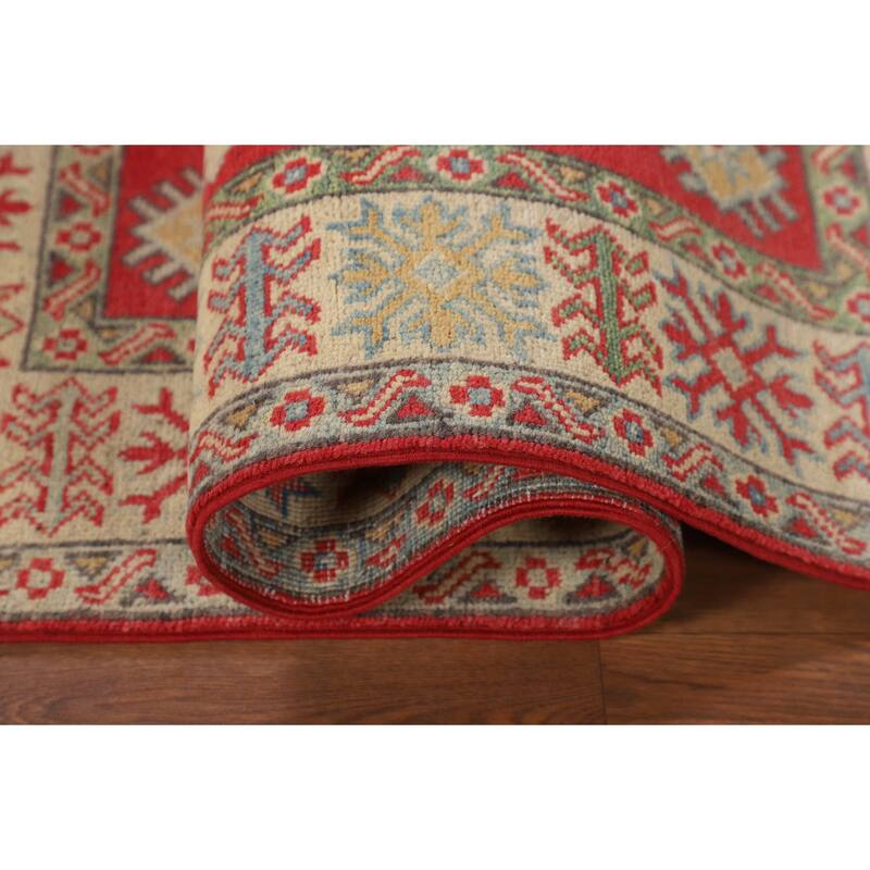 Geometric Red Kazak Oriental Accent Rug Handmade Wool Carpet - 3'3" x 5'0"