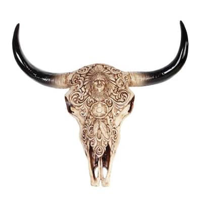 Q-Max 11"H Buffalo Skull with Carved Relief on the Front Taxidermy Animal Head Wall Decor