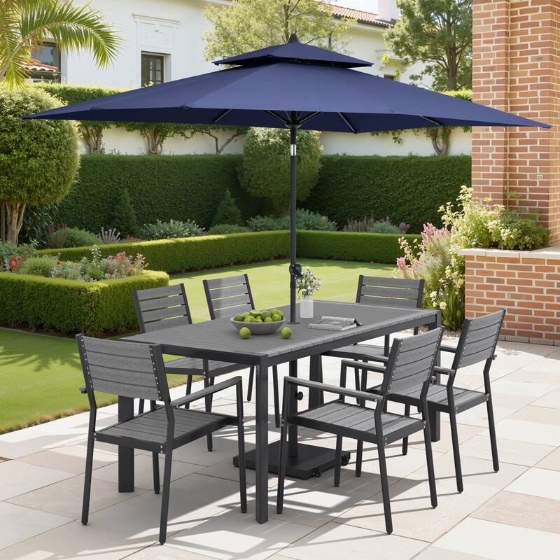9/11-Piece Patio Dining Set Aluminum Dining Table and Chairs w/10 ft Market Umbrella and Base with Wheels