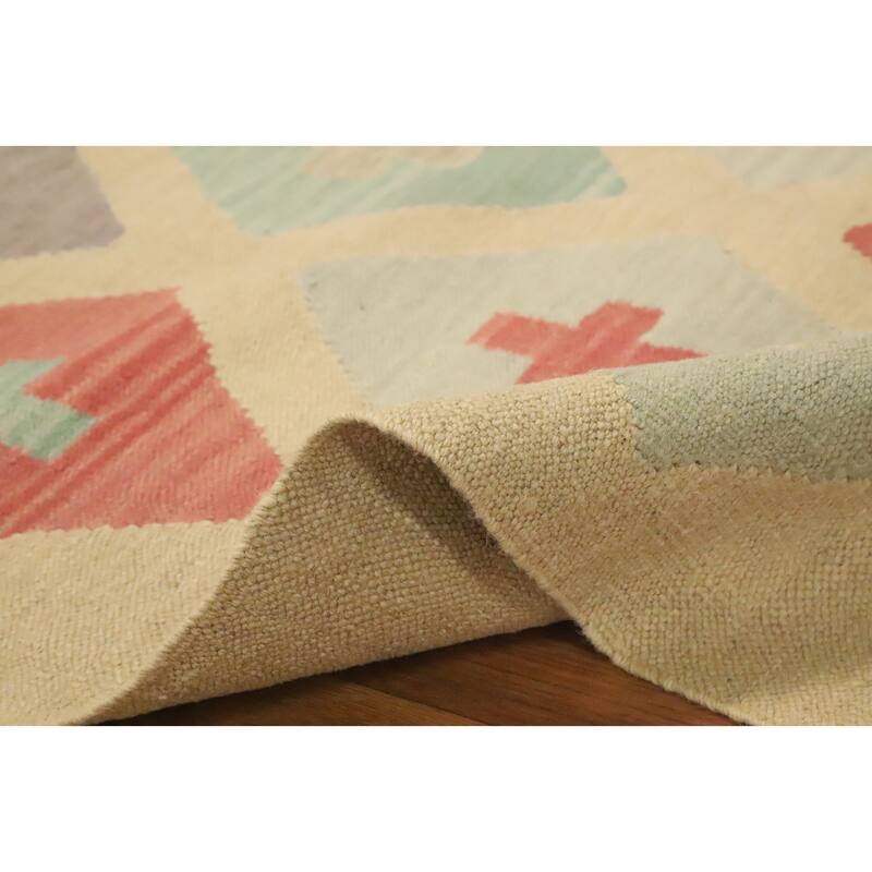 Hand Woven Oriental 100% Wool Carpet Southwestern Modern Beige & Ivories Kilim Area Rug - 9' 1'' X 5' 11''