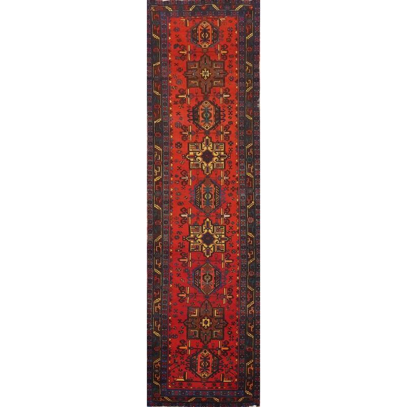 Hand Knotted Oriental 100% Wool Carpet Traditional Geometric Oranges & Rust Heriz Runner Rug - 14' 9'' X 3' 0''