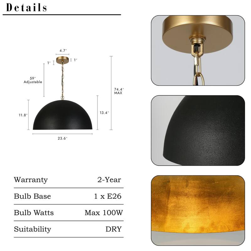 Modern Industrial 1-Light Oversized Black Gold Pendant Semi-Circular Design Chandelier for Dining Room