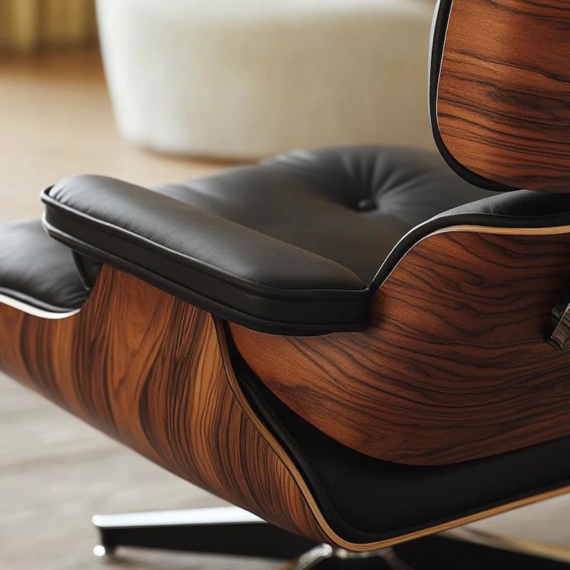 Genuine Leather Accent Lounge Chair and Ottoman Walnut Wood