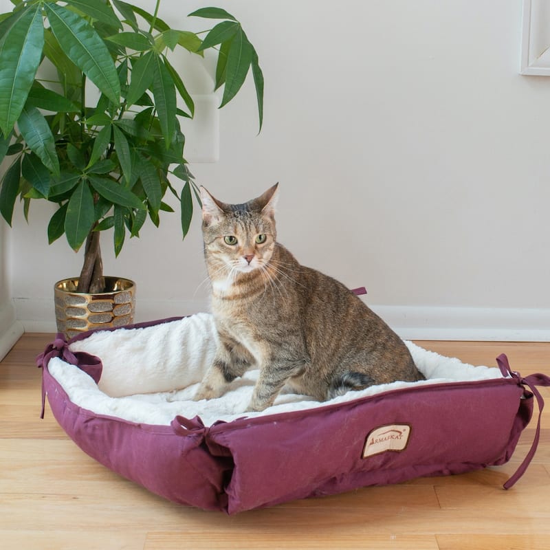 2-In-1 Cat Pet Bed and Fleece Cat Mat, Burgundy/Ivory - 16"L x 16"W x 6"H