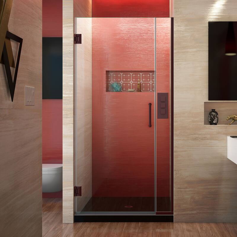 DreamLine Unidoor Plus 29-30 in. W x 72 in. H Frameless Hinged Shower Door, Clear Glass - Oil Rubbed Bronze Finish - 30" W x 72" H