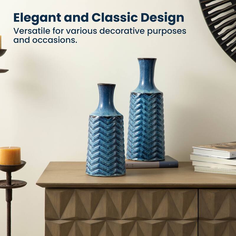 Glitzhome Set of 2 Brilliant Blue Ceramic Table Decorative Vases with Chevron Pattern