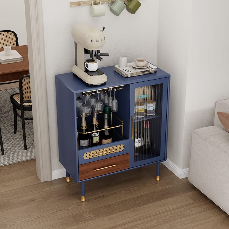 Modern Coffee Bar Cabinet with Wine Glass Rack and Storage Drawer - Blue