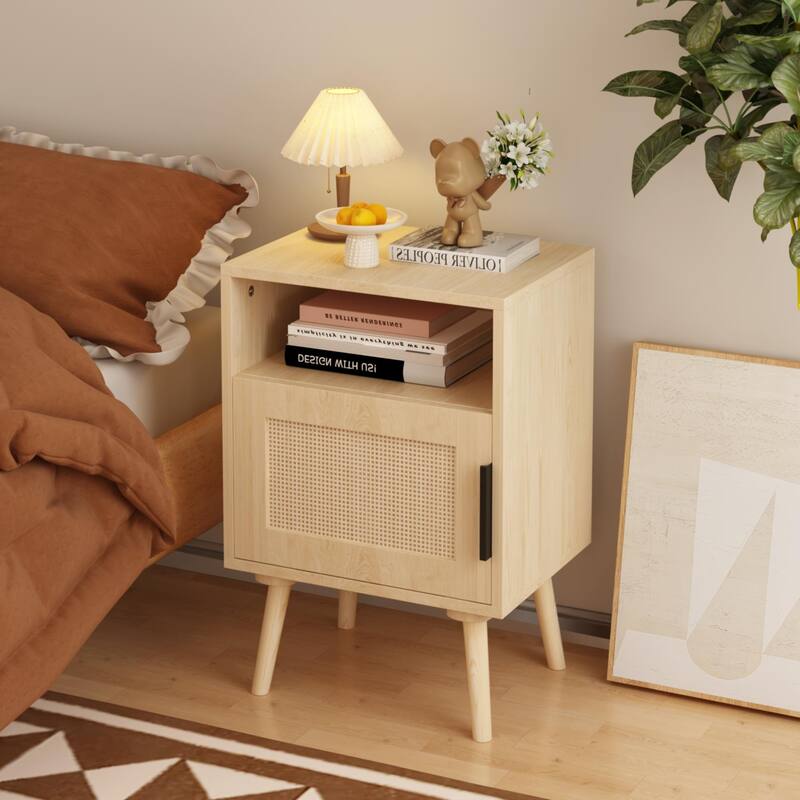 Rattan Nightstand, Side Table With Door Open Shelf, Accent Bedside End Table With Solid Wood Legs