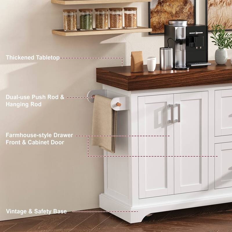 53" Large Kitchen Island with 3.5" Thick Desktop, Spice and Towel Racks, Kitchen Island with Storage on 5 Wheels, 2 Drawers