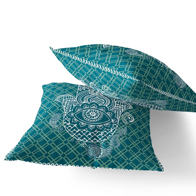 HomeRoots Set of Two 16" X 16" Green and White Blown Seam Hamsa Indoor Outdoor Throw Pillow - 16.00' X '16.00' X '5.00