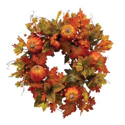Fall Leaves Berries & Pumpkins Wreath