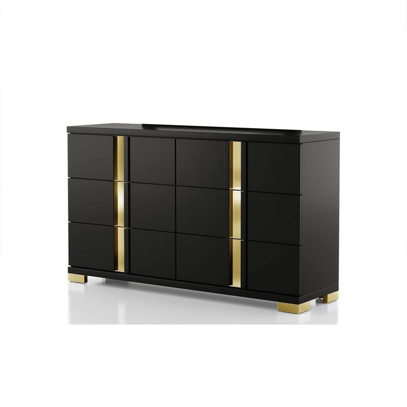 Yoki Wide Dresser, 6 Drawers, Modern Glam Black and Gold