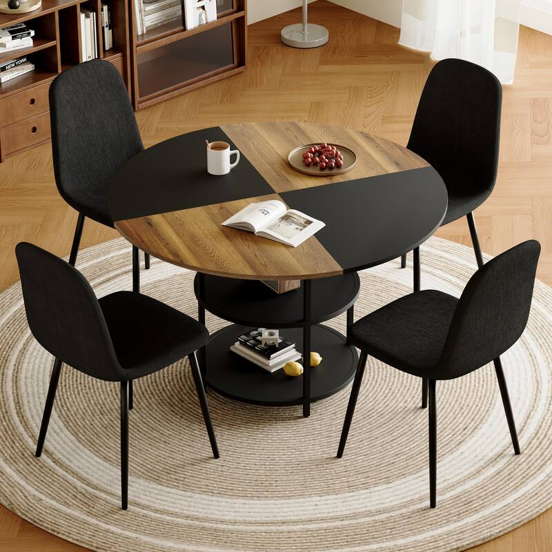 5-piece Natural and Black Spliced Round Dining Table Set with Double-Layer Storage Shelf, Anti-Slip Feet