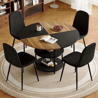 Roomfitters 5pcs Round Dining Table Set with Double Storage and Linen Cotton High Resilience Chairs