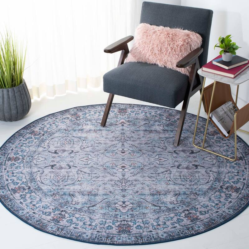 SAFAVIEH Tucson Machine Washable Slip Resistant Magdalene Traditional Rug - 8' Round - Aqua/Pink