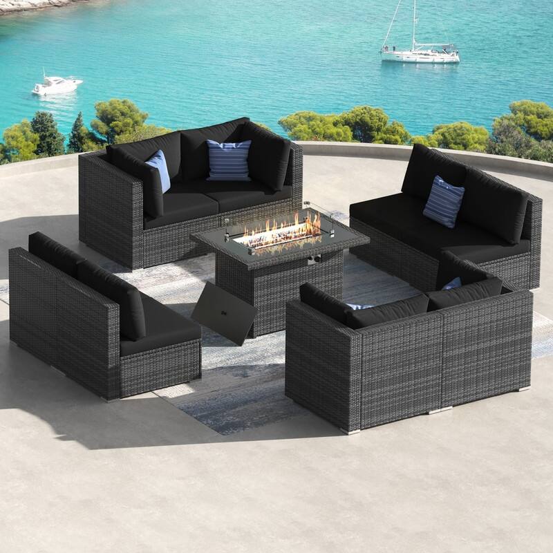 9-Piece Outdoor Modular Sectional Wicker Patio Conversation Set with CSA Fire Pit, Cushion - Black