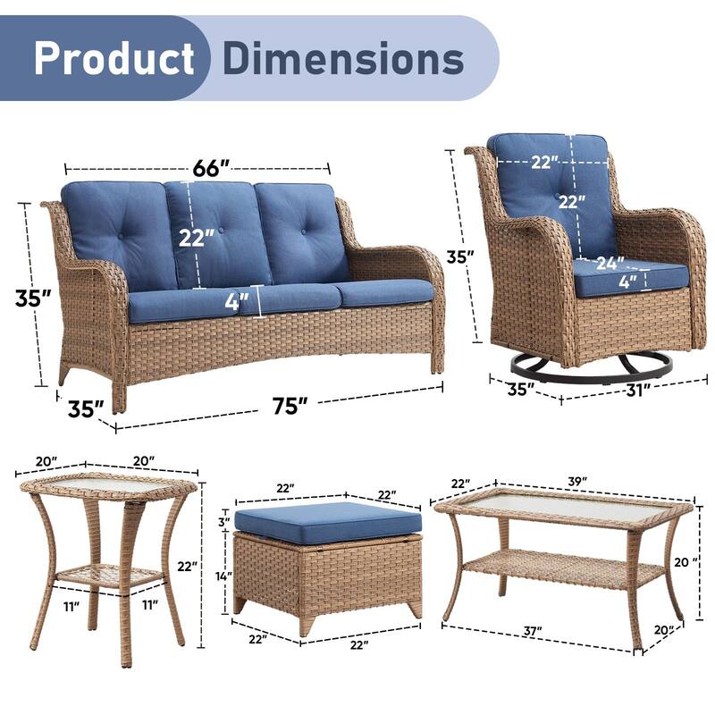 Pocassy Outdoor 7PCS 3-Seat Sofa Swivel Chairs Table Ottoman