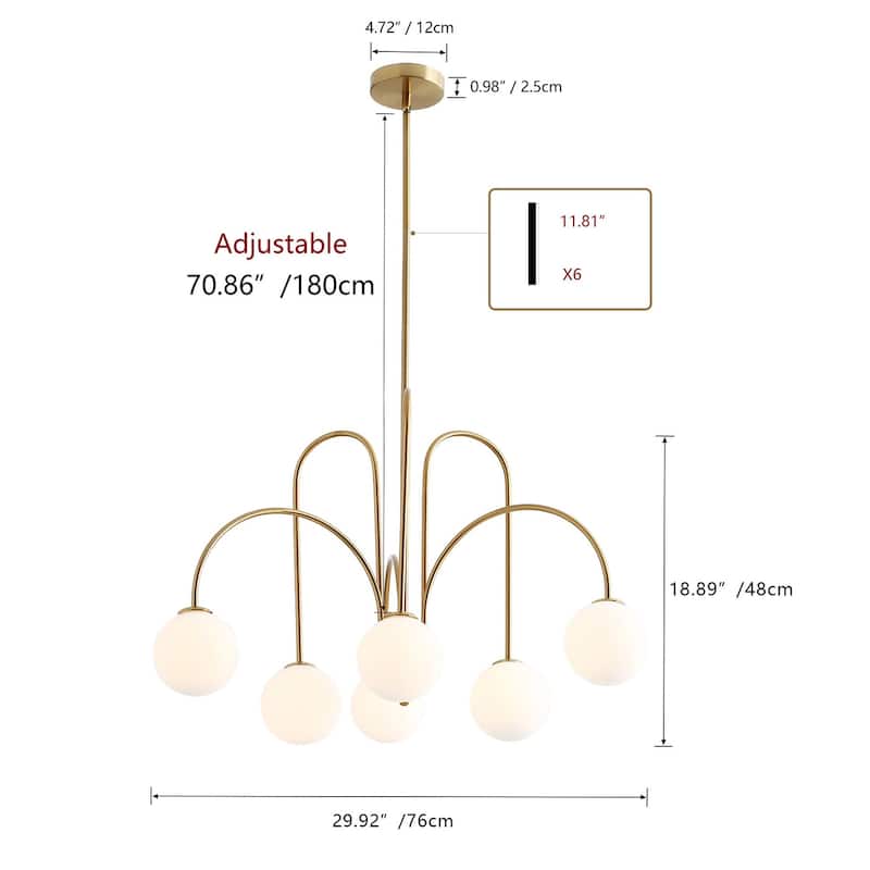 Modern Sputnik Gold 6-Light White Ball Glass Shade Pendant Lighting Fixture