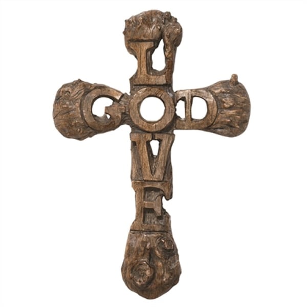 10" Natural Brown "God Love" Carved Cross Shaped Wall Decor - N/A