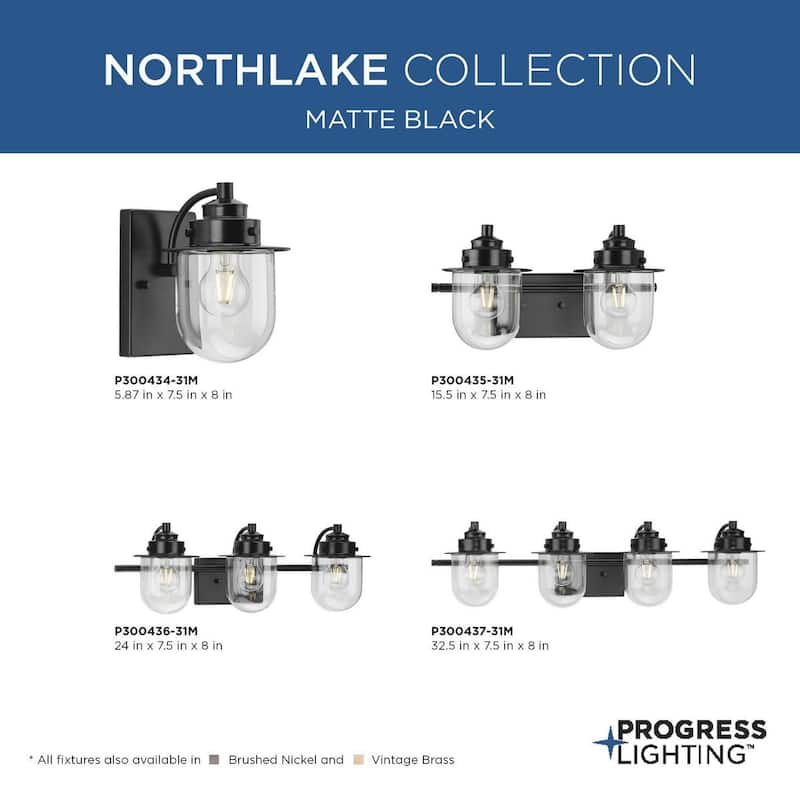 Northlake Collection One-Light Matte Black Clear Glass Transitional Bath Light - 5.87 in x 7.5 in x 8 in