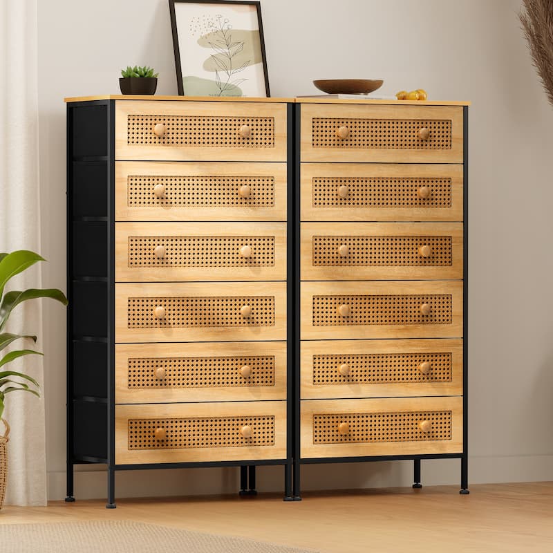 6-Drawer Chest Faux Rattan Fabric Drawers Dresser Storage Cabinet Bedroom Organizer - 2-piece Set, Natural - 6-drawer