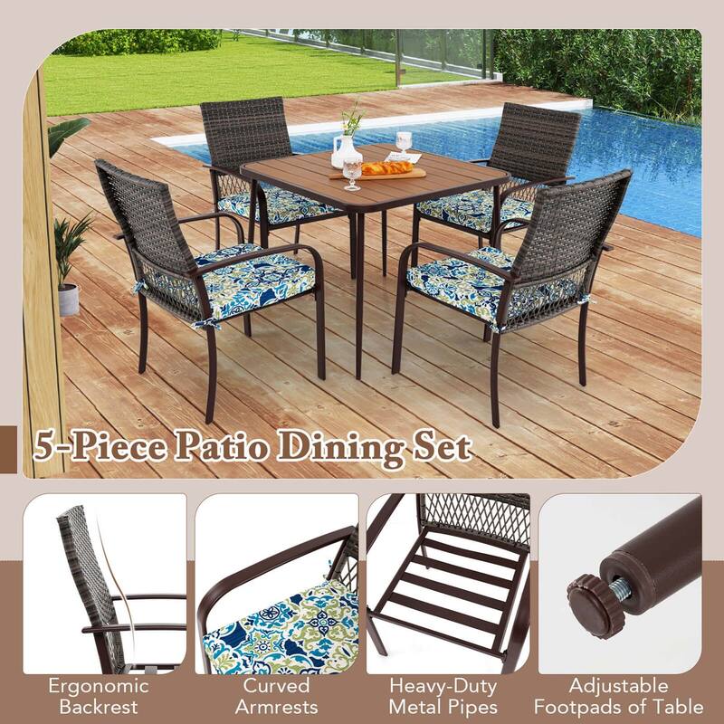 Costway 5 PCS Patio Dining Set with Wood-Plastic Tabletop & Umbrella - 5 PCS