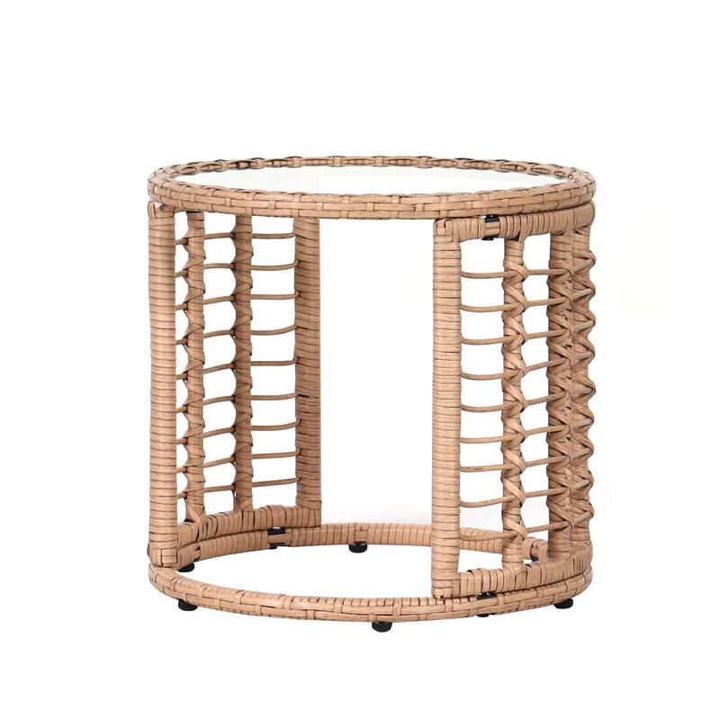 Patio Round End Table 18-Inch Wicker Accent Table with Glass Top